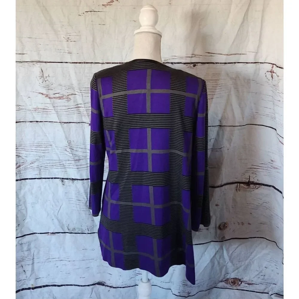 Misook Purple and Black Plaid Knit Leather‎ Trim Cardigan Set Size Small